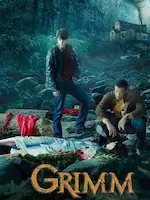 Affiche de la série Grimm représentant deux hommes accroupis devant un cadavre dans les bois.