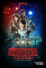 Affiche de la série Stranger Things représentant les différents personnages sur fond obscur dans un style de dessin de BD.