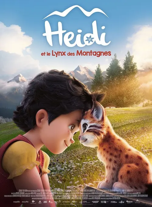 Affiche du film Heidi et le lynx des montagnes représentant une fillette et un petit lynx, nez à museau, en images de synthèses, devant un paysage de montagne.