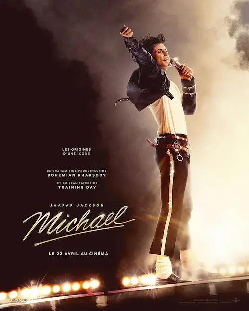 Affiche du film Michael représentant le Roi de la pop sur scène.