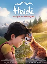 Affiche du film Heidi et le lynx des montagnes représentant une fillette et un petit lynx, nez à museau, en images de synthèses, devant un paysage de montagne.