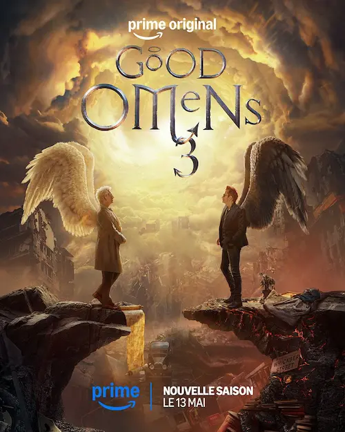 Affiche de la saison 3 de la série Good Omens représentant l’ange et le démon, face à face.