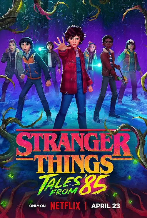 Affiche de la série Stranger Things tales from 85 représentant les héros de la série en dessins, en ligne de front.