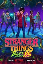 Affiche de la série Stranger Things tales from 85 représentant les héros de la série en dessins, en ligne de front.